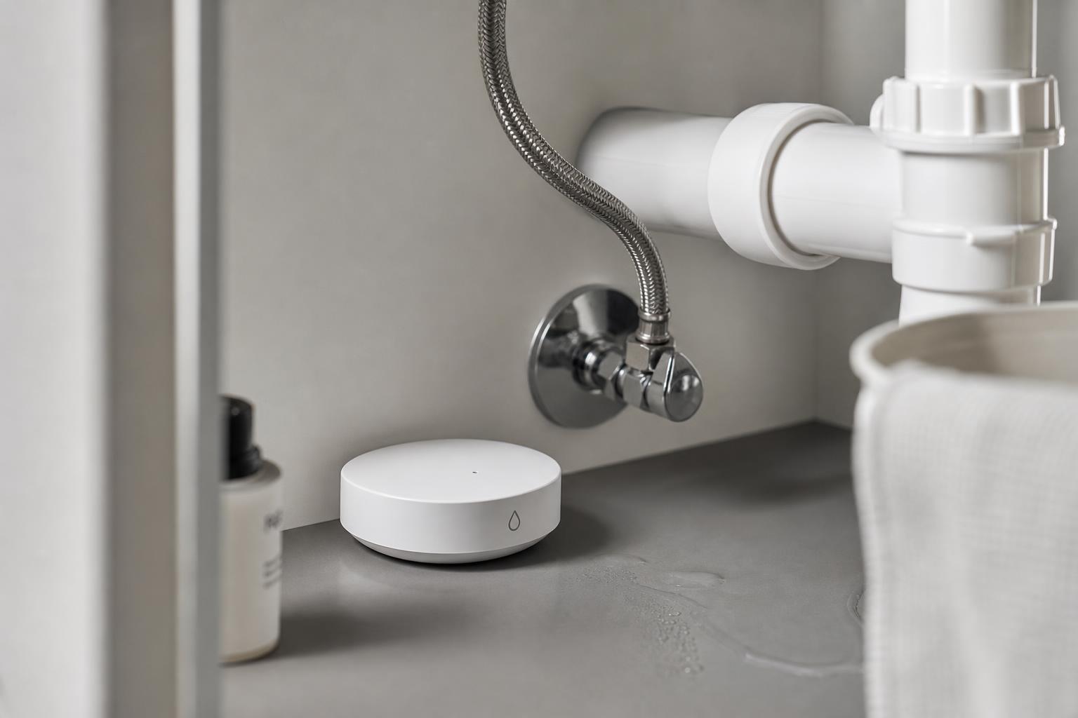 Wireless water leak sensor placed under a sink in a residential property